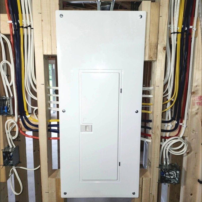 New panel in a framed wall with neatly dressed, colour-coded cables