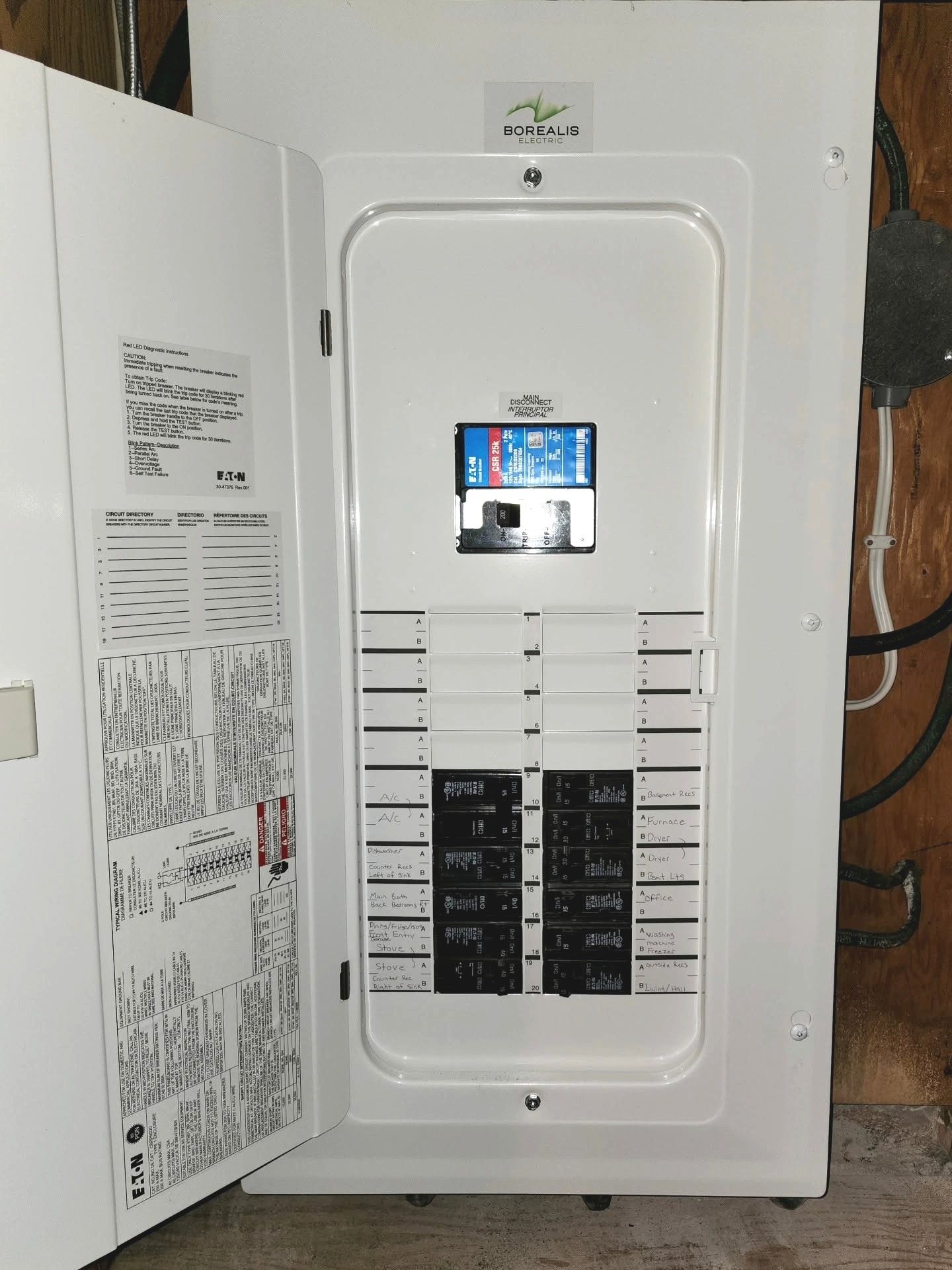 Open Eaton electrical panel with labelled breakers and a Borealis Electric sticker